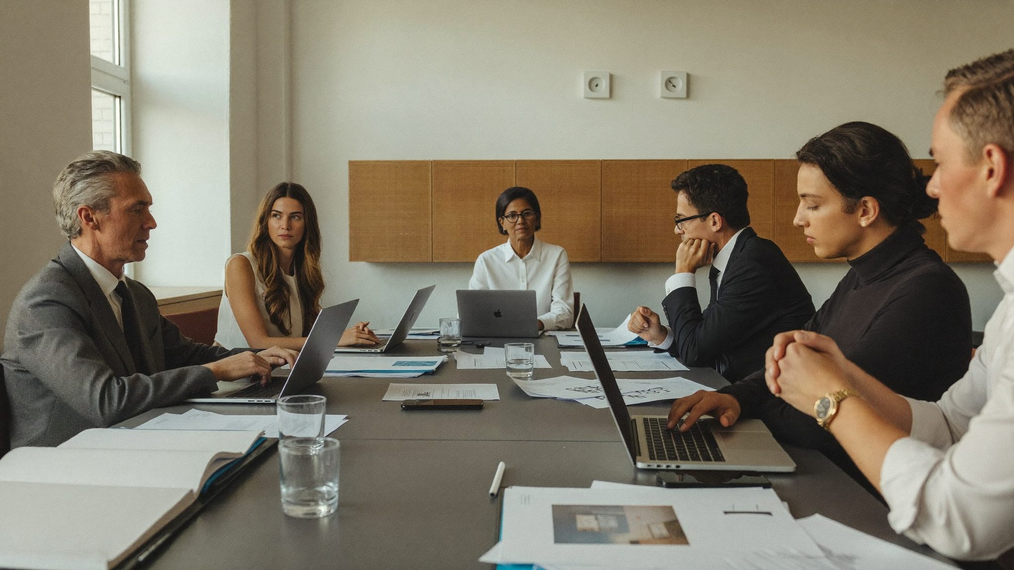 Risk committee reviewing counterparty exposure at a boardroom table